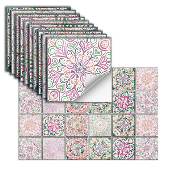 24Pcs Peel and Stick Backsplash Tile Stickers, Removable Colorful Mandala Moroccan Wallpaper, Stick on Wall Decals for Kitchen Bathroom Laundry Stair Fireplace Art Decor