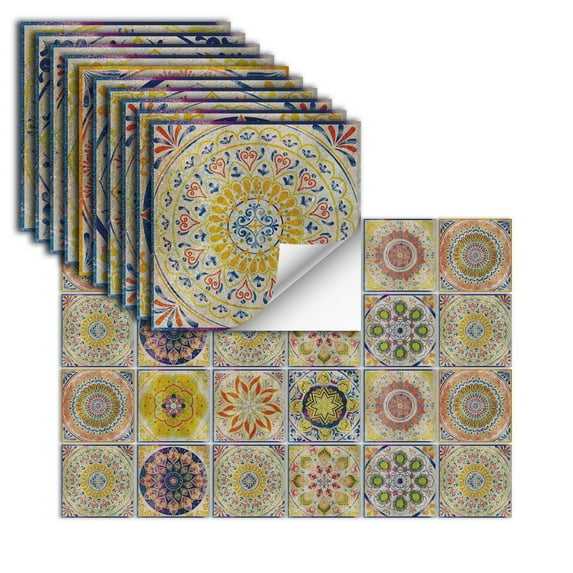 24Pcs Peel and Stick Backsplash Tile Stickers, Removable Colorful Mandala Moroccan Wallpaper, Stick on Wall Decals for Kitchen Bathroom Laundry Stair Fireplace Art Decor
