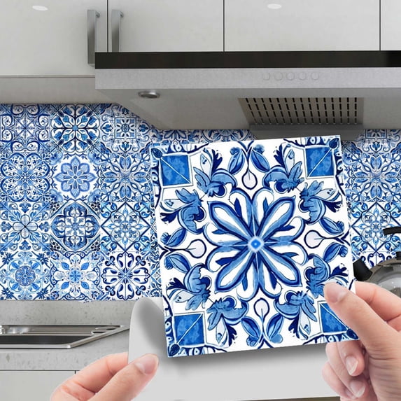 24Pcs Peel and Stick Tile Stickers, 6"x6" Bathroom & Kitchen Backsplash Tile Decals Waterproof Self-Adhesive Square Vinyl Wall Decals Mandala Style Wall Decor