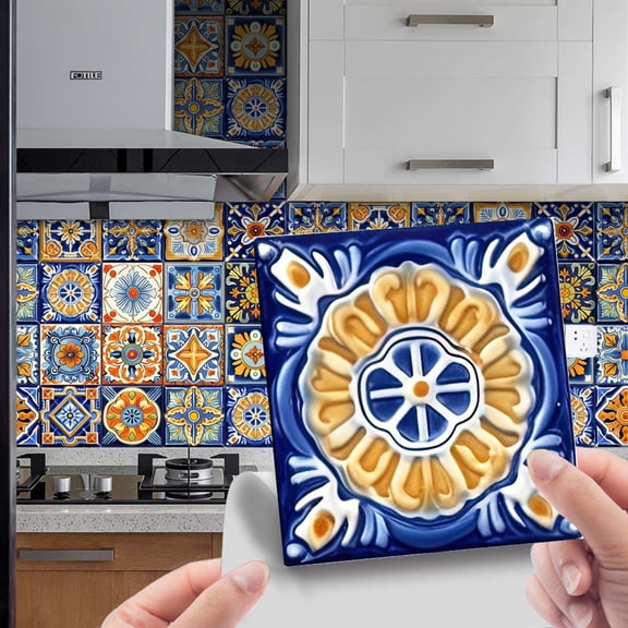 24Pcs Peel and Stick Tile Stickers, 6"x6" Bathroom & Kitchen Backsplash Tile Decals Waterproof Self-Adhesive Square Vinyl Wall Decals Mandala Style Wall Decor