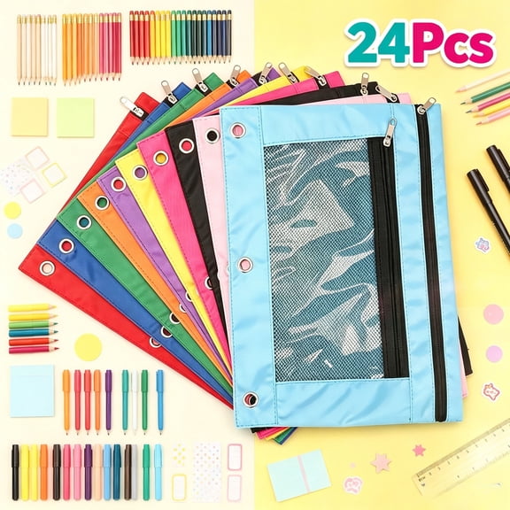24Pcs Pencil Pouch, Mesh Zipper Pencil Case Bags Bulk for 3 Ring Binder, Back to School Supplies