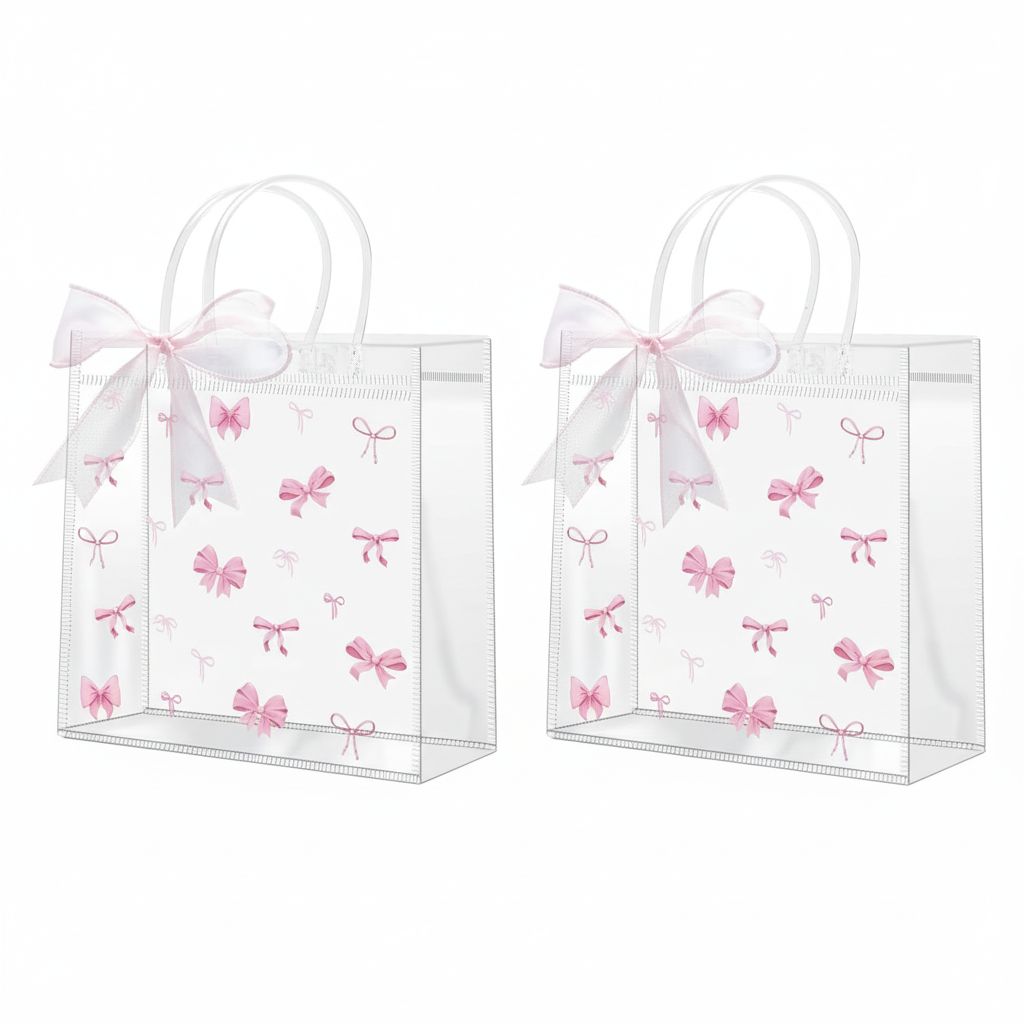 24Pcs Pink Bow Clear PVC Gift Bags With Handles Ribbon Bowknot Bulk ...