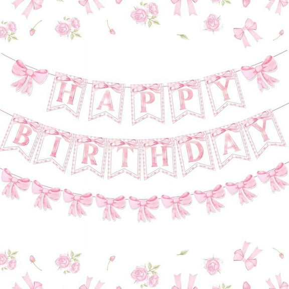 24Pcs Pink Bow Princess Birthday Banner Coquette Bow Banner Garland Bow Happy Birthday Decorations for Baby Girls Kids Birthday Party Supplies Favor