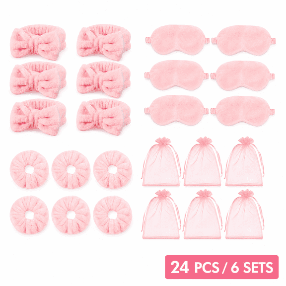 24Pcs Pink Spa Sleepover Party Supplies Set - Includes 6 Polyester Headbands, 6 Plush Eye Masks, 6 Plush Hair Ties, 6 Gift Bags, Spa Party Favors for Women, Spa-Themed Parties, Pajama Nights
