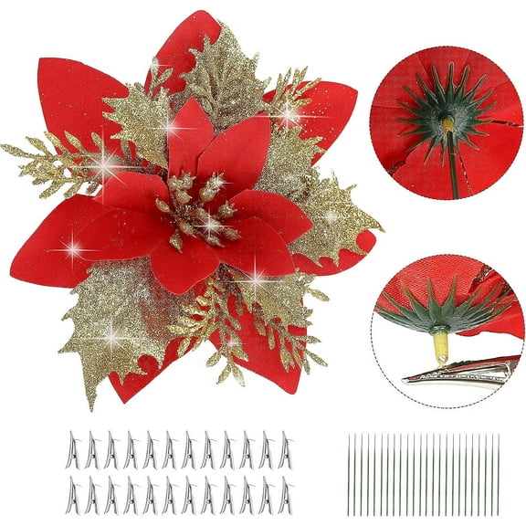 24Pcs Poinsettias Artificial Christmas Flowers,5.5 inch Glitter Christmas Flowers Artificial with Clips and Stems for DIY Xmas Wreath Holiday Party Decor(Red and Gold)