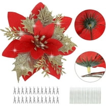 24Pcs Poinsettias Artificial Christmas Flowers,5.5 inch Glitter Christmas Flowers Artificial with Clips and Stems for DIY Xmas Wreath Holiday Party Decor(Red and Gold)