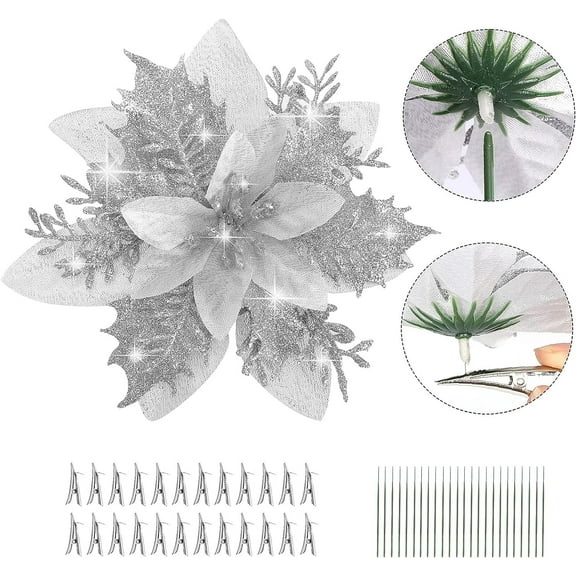 24Pcs Poinsettias Artificial Christmas Flowers,5.5 inch Glitter Christmas Flowers Artificial with Clips and Stems for DIY Xmas Wreath Holiday Party Decor(Silver)