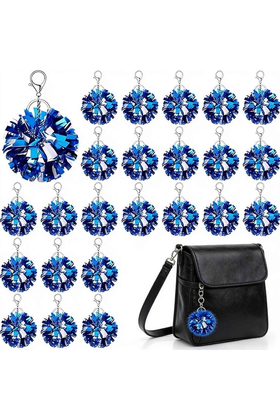 24Pcs Pom Pom Keychain Cheerleader Gifts Cheerleading Keyring Charm Foil with Keychain Hooks for Team Sports Women, Blue Silver