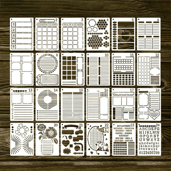 24Pcs Practical Journal Stencils Washable Drawing Template for Time Saving Planner for Notebook Diary Scrapbook 5x7