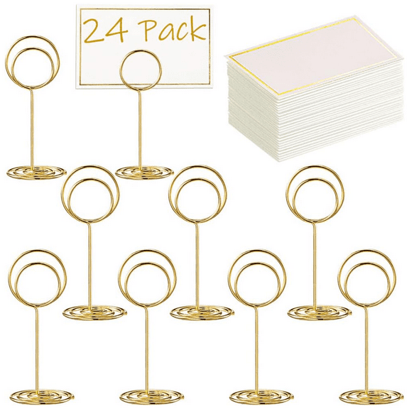 24Pcs Premium Mini Table Number Holders and 24Pcs Place Cards with Gold Foil Border, Place Card Holder, Table Sign Stand, Photo Picture holders for Centerpieces, Wedding, Party, Birthday