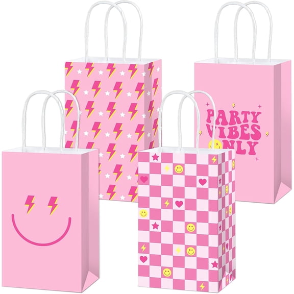 24Pcs Preppy Party Favor Bags Pink Smile Face Paper Gift Bags with Handles Heart Checkered Treat Candy Goodie Bag for Preppy Birthday Decorations Bachelorette Wedding Party Supplies Baby Shower