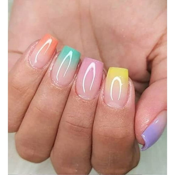 24Pcs Press on Nails Medium Length Colorful Ombre Fake Nails Square Shaped Stick on Nails Nude Pink Rainbow False Nails Glossy Acrylic French Tip Finger Nails for Women (Colorful Ombre Square)