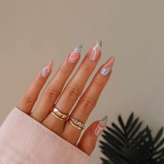 24Pcs Press on Nails Medium Length Exquisite Fake Nails French black Press on Nails Almond Cute Tips Swirl acrylics Full Cover False Nails for Women and Girls 24PCS
