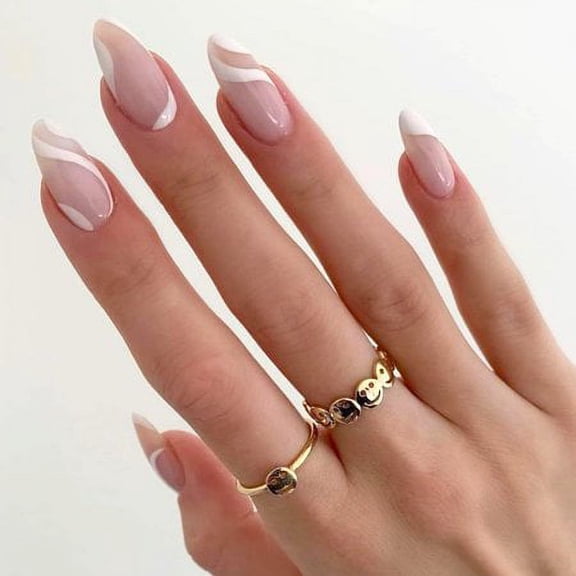 24Pcs Press on Nails Medium Length Exquisite Fake Nails French black Press on Nails Almond Cute Tips Swirl acrylics Full Cover False Nails for Women and Girls 24PCS