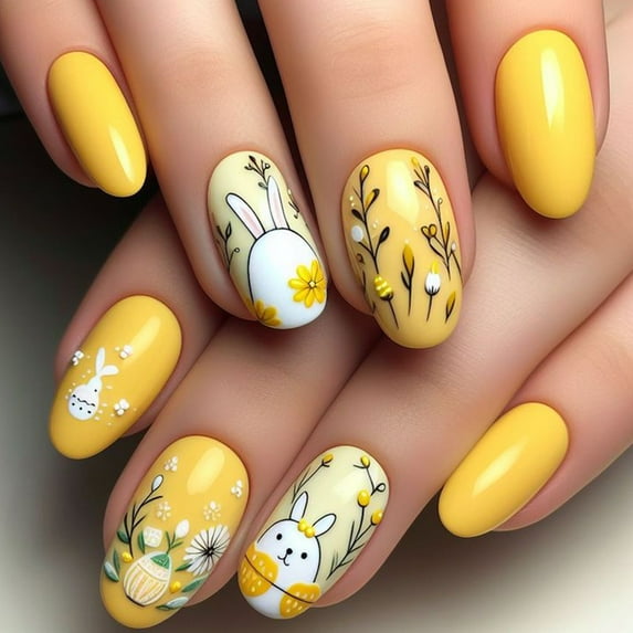 24Pcs Press on Nails Short Almond Fake Nails Cute Easter Rabbit Acrylic Nails False Stick on Nails Cute Full Cover Artificial Nails for Women Decoration