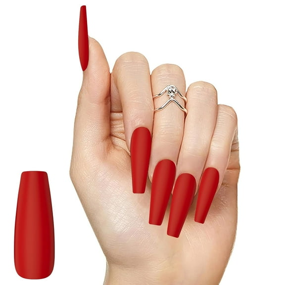 24Pcs Press on Nails for Women Girl, Solid Extra Long Coffin Fake Nails Artificial Fingernail, Reusable with Adhesive Tabs for Gift Parties Festival Makeovers (Red) Red 0.03 Fl Oz (Pack of 24)