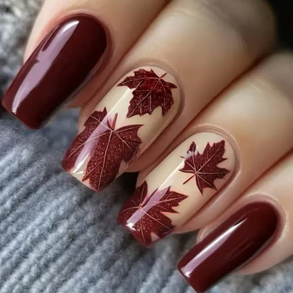 24Pcs Press On Nails Glossy Wine Red Maple Pattern ABS Easy Application for Casual Event