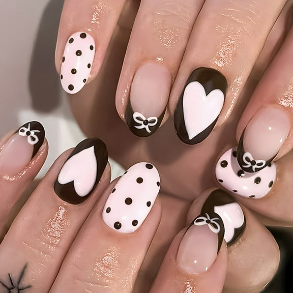 24Pcs Press On Nails Round Shape Faux Nails with Dot Bows Artwork for Parties and Weddings