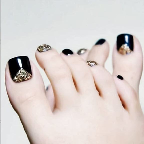 24Pcs Press on Toenails Square Fake Toe Nails Black Glossy Acrylic Static Nails Gold Sequin Design Full Cover Glue on Toe Nails for Women and Girl Artificial Toenails Black,Gold 0.04 Fl Oz (Pack of