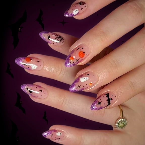 24Pcs Press on Nail Halloween Glow Cobweb Skeleton Faux Nail Set
