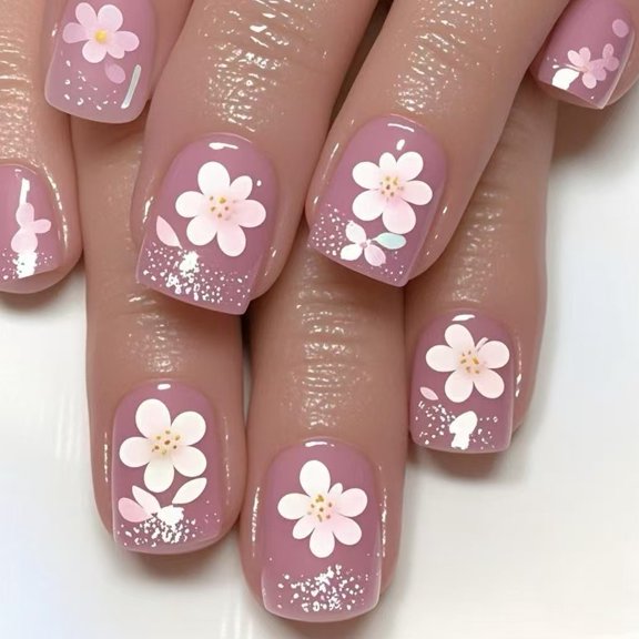 24Pcs Press on Nail Square Fake Nail with Flower Designs False Nail Glitters Glues on Artificial Nail for Womens Girls