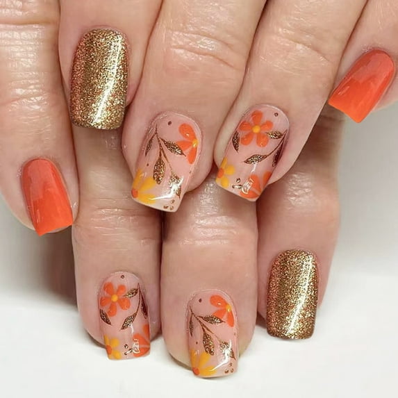 24Pcs Press on Nails Tips Glittering Flower Short Square Form Artificial Fingernails With Radiance Coating