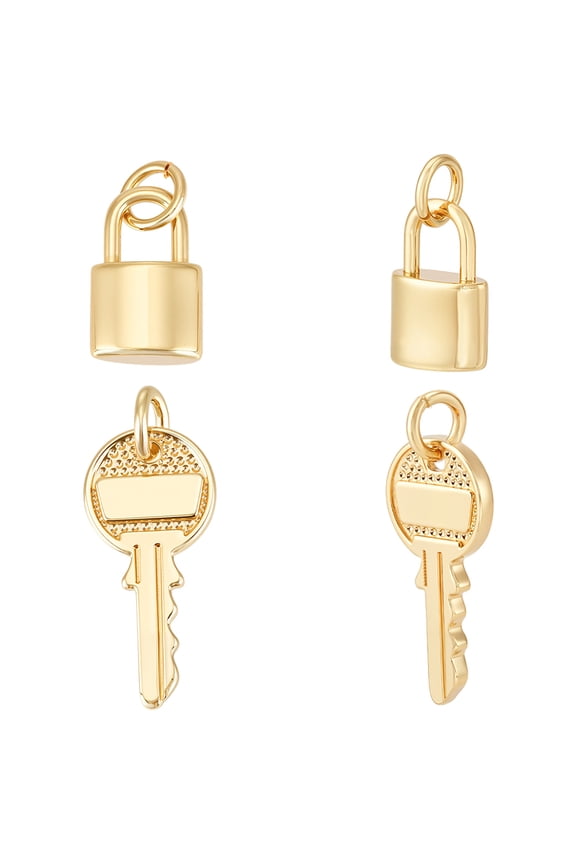 24Pcs Real Gold Key Lock Charms Mini Brass Lock Key Shape Pendants Bulk Gold Metal Padlock Hang Ornament with Jump Rings for Jewelry Making Bracelets