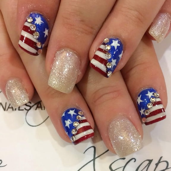 24Pcs Red Blue French Tip Press on Nails Short Square Independence Day Fake Nails White Star with Strips Designs 4th of July False Nails Stick on Nails for Women Girls Acrylic Patriotic Nails Salon