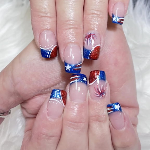 24Pcs Red Blue French Tip Press on Nails Short Square Independence Day Fake Nails White Star with Strips Designs 4th of July False Nails Stick on Nails for Women Girls Acrylic Patriotic Nails Salon