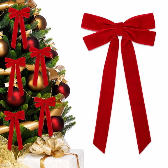 24Pcs Red Velvet Ribbon Bows Christmas Tree Decorations,5in x 10in Xmas Ornaments for Tree Home Party Front Door Wreath Holiday Decor Gift Wrapping