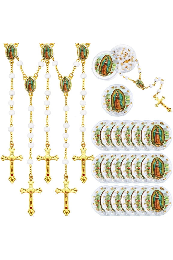 24Pcs Rosary Bead Necklace with Cross Pendant, White Wooden Rosary Prayer Necklace with Clear Boxes, Catholic Rosary Favor for Baptism First Communion