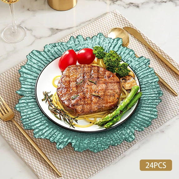 24Pcs Round Charger Plates Plastic Reef Plate Dinner Tableware Decor 32cm Green