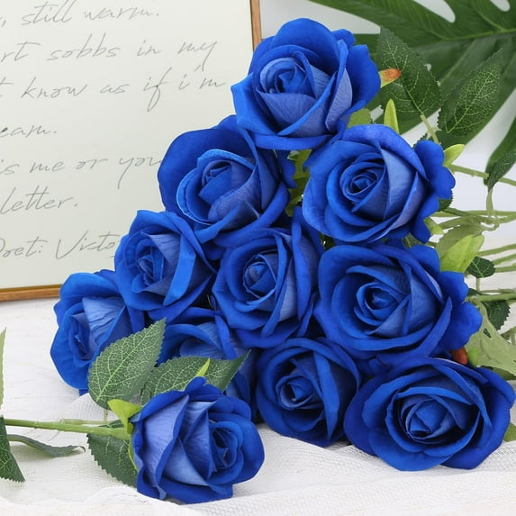 24Pcs Royal Blue Velvet Artificial Roses, Realistic Faux Roses for Wedding Centerpieces, Bridal Bouquet, Mermaid Theme Party Decor