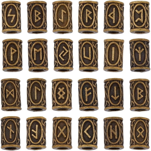 24Pcs Rune Beads Alloy Column Spacer Beads Antique Bronze Elder Futhark Letter Beads Loose Tube Beads Tibetan Style Viking Hair Beard Beads Hole: 5mm DIY