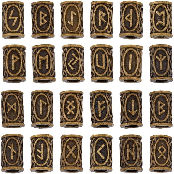 24Pcs Rune Beads Alloy Column Spacer Beads Antique Bronze Elder Futhark Letter Beads Loose Tube Beads Tibetan Style Viking Hair Beard Beads