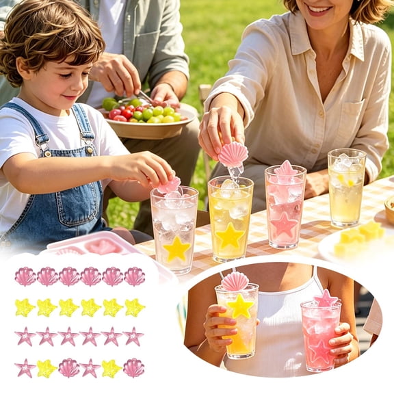 24Pcs Sea Themed Ice Cubes Reusable Drink Coolers Shell & Starfish Shaped Ice Cubes For Cocktails Juice Home Kitchen(Pink-3.5Cm)