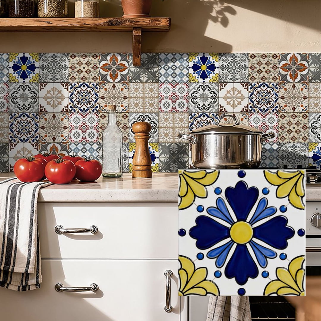 24Pcs Self Adhesive Tile Sticker Peel and Stick Backsplash 7.87" x 7.87" DIY Decor Multicolor Flowers Wall Stickers Waterproof Vinyl Decals