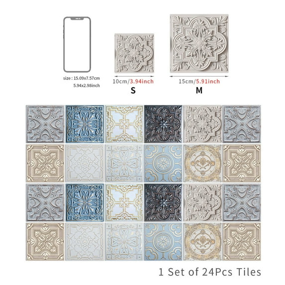24Pcs Self-Adhesive Wall Tile Decals, Moroccan Style Peel and Stick Tile Stickers, Waterproof Backsplash Stickers for Kitchen Bathroom Decor G 3.93 Inch
