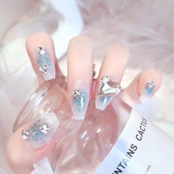 24Pcs/Set Nail Art Fake Nails with Diamonds Pink Silver Glitter Wearing Reusable False Nails Long Ballerina Press on Nail Tips
