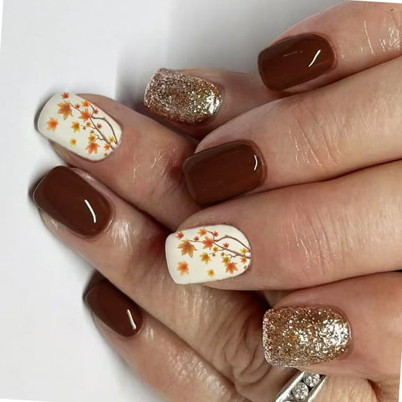 24Pcs Shimmering Brown False Nails Glossy Short Square Design Fall Winter Easy Application