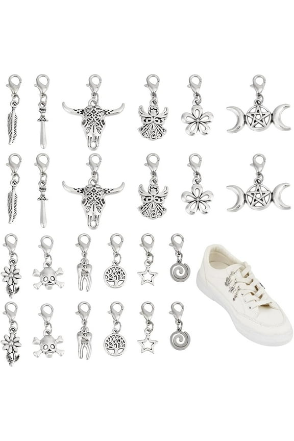 24Pcs Shoelace Charms 12Styles Alloy Shoes Decoration Charms Shoe Clips with Lobster Claw Clasp Small Beaded Pendant