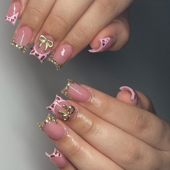 24Pcs Short French Tip Press On Nail With Bows And Flower Design Square Acrylic Nail Stick on Nail For Women and Girls