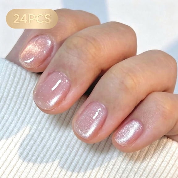 24Pcs Short Round Press On Nails, Shimmer Silver Pink Cat Eye Glitter Full Cover Glossy Acrylic Fake Nails Reusable Glue On False Nail Tips for Daily Casual Office Women Spring Nail Art Decoration