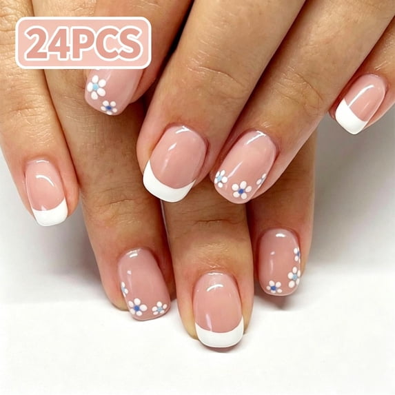 24Pcs Short Round Press On Nails, White French Tip Full Cover Acrylic Fake Nails Reusable Glue On False Nail Tips for Daily Casual Bridal Spring Elegant Women Nail Art Decoration