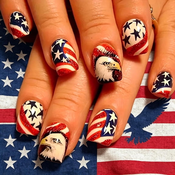 24Pcs Short Square 4th of July Press On Nails, Hand-Painted Bald Eagle American Flag Star Glitter Patriotic False Nails, Reusable Nail Tips for Independence Day Holiday Party DIY Manicure Decor