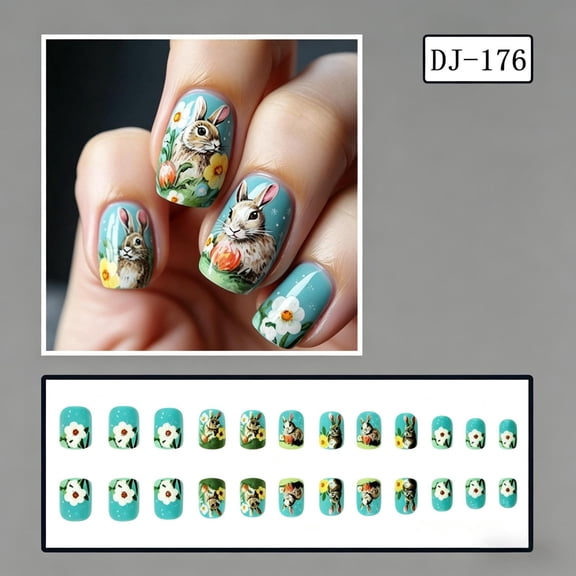 24Pcs Short Square Easter Bunny Press On Nails, Light Blue Spring Floral Cute Rabbit Reusable Full Cover False Nail Tips, Wearable Fake Nails for Women Holiday Daily DIY Salon Manicure Art