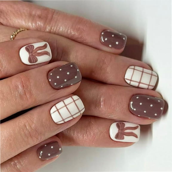 24Pcs Short Square False Nails Coffee Brown Bowknot Checkered Design White Polkas Dots Glossy Surfaces ABS Materials For Fall Winter Manicure