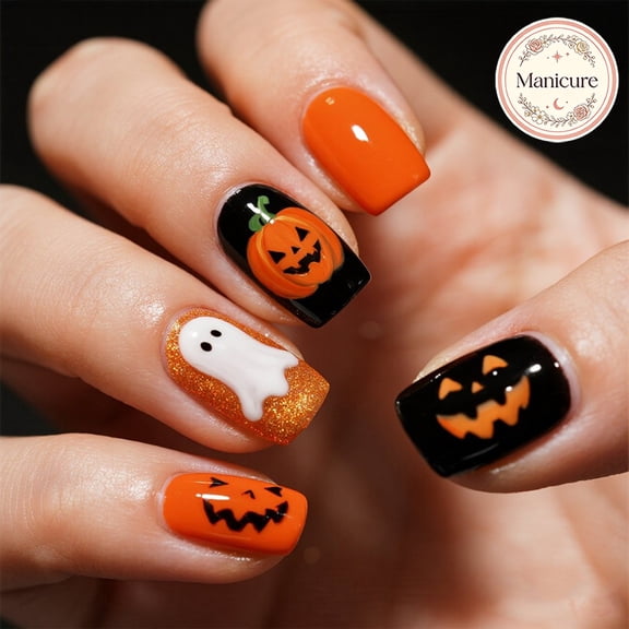 24Pcs Short Square Press On Nails, Reusable Acrylic Stick On Nails, Halloween Orange Black Glossy Pumpkin Face Cute Ghost Glitter Design, Fast Removal Manicure, Portable False Nails, Gifts for Female