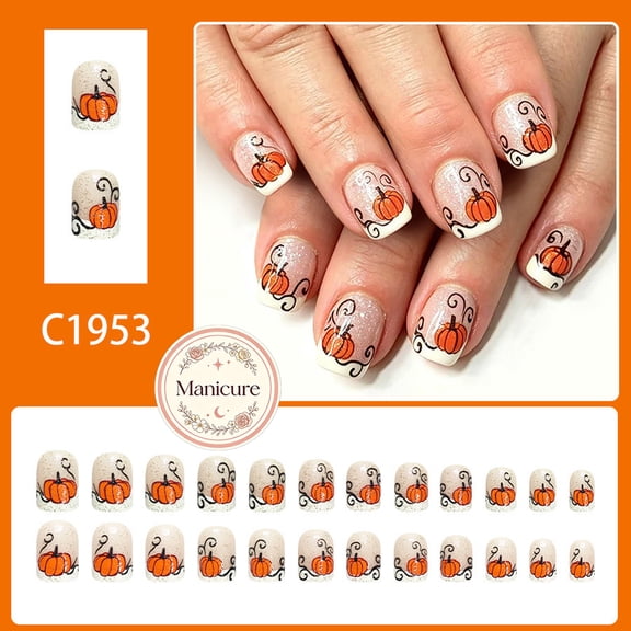 24Pcs Short Square Press On Nails, Reusable Acrylic Stick On Nails, Salon Quality Natural Nails, Fall Pumpkin French Glitter Print, Manicure With Fast Removal, Portable Fake Nail, Gifts for Women