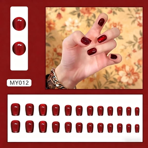 24Pcs Short Square Wine Red Cat Eye Press On Nails, Solid Glossy Dark Red Removable Fake Nails, Reusable Daily Wear Nail Tips For Commute Dating All Season Elegant Casual Manicure Decor